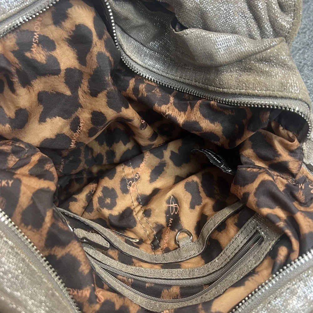 B. Makowsky Y2K Metallic Champagne Leather Satchel Bag Large Leopard Rocker Hobo